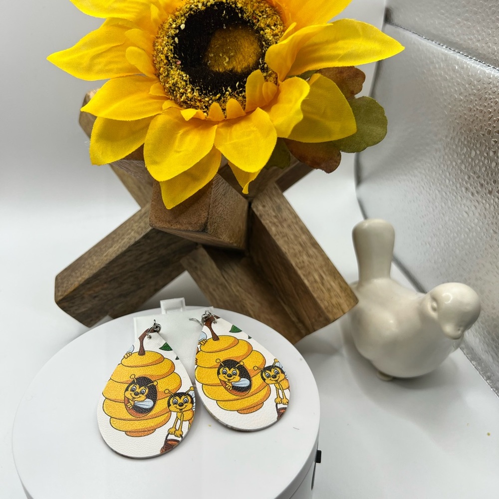 Bee Festival Faux‎ Leather Earrings NEW
